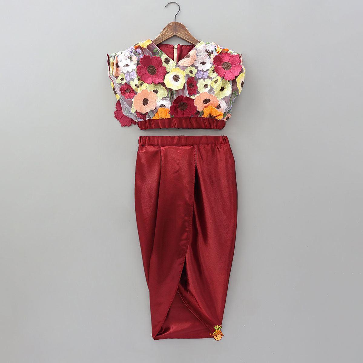 3D Flowers Embellished Elasticated Top And Dhoti Style Skirt