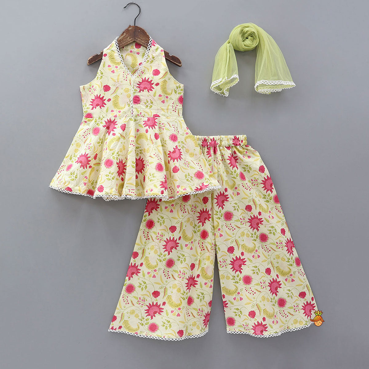 Sleeveless Printed Kurti And Flared Palazzo With Net Dupatta