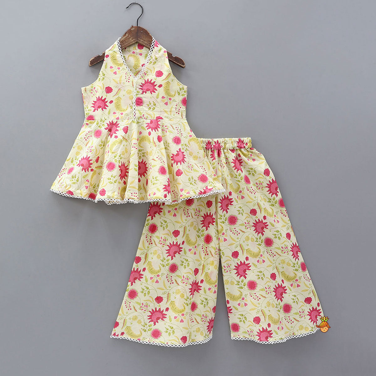 Sleeveless Printed Kurti And Flared Palazzo With Net Dupatta