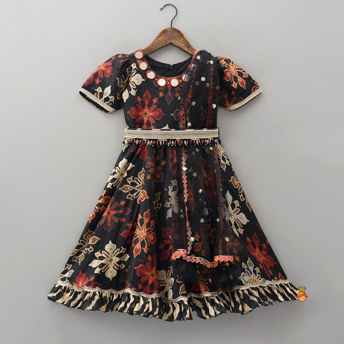 Elegant Anarkali With Attached Net Dupatta And Waist Belt