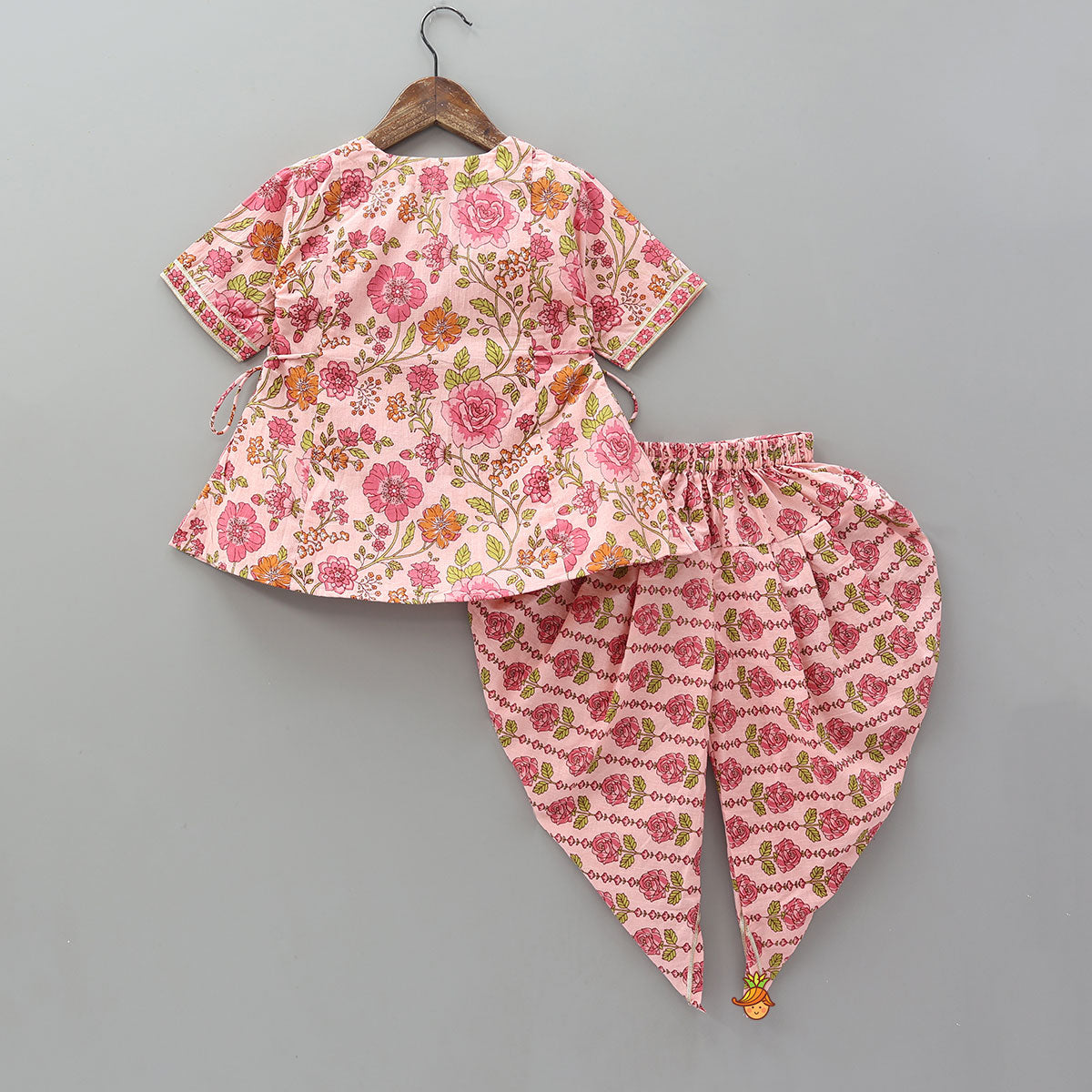 Side Knot Detail Floral Top And Dhoti With Net Dupatta