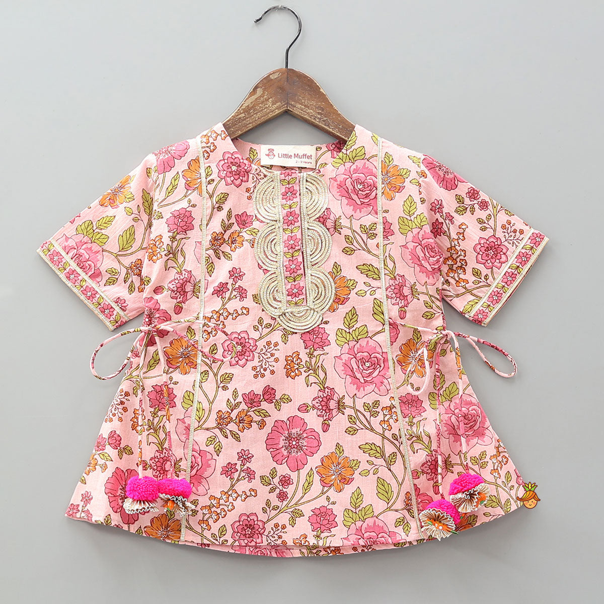 Side Knot Detail Floral Top And Dhoti With Net Dupatta