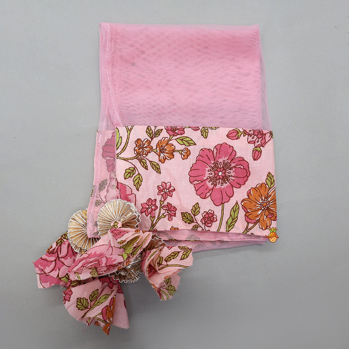 Side Knot Detail Floral Top And Dhoti With Net Dupatta