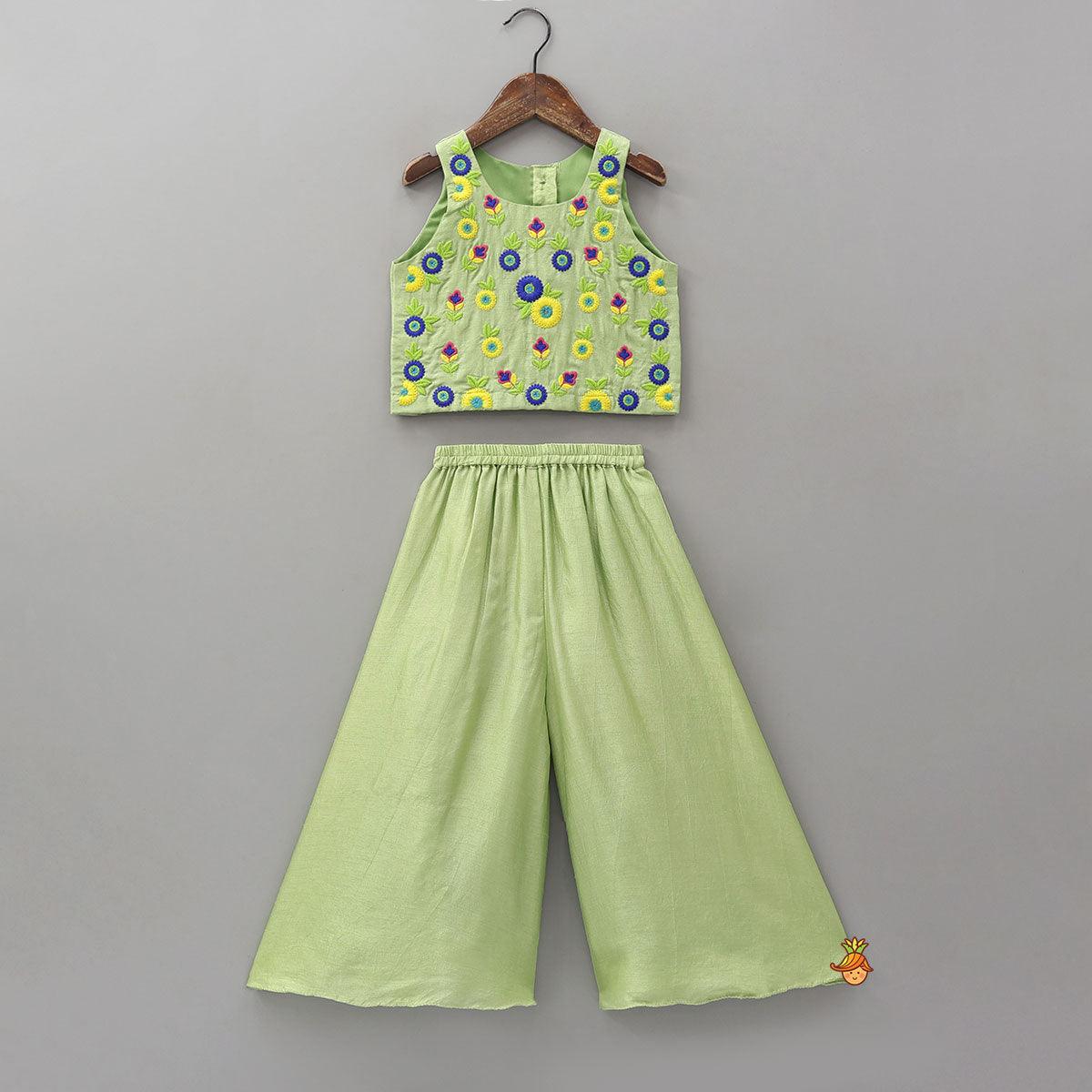 Floral Thread Embroidered Sleeveless Crop Top And Flared Palazzo