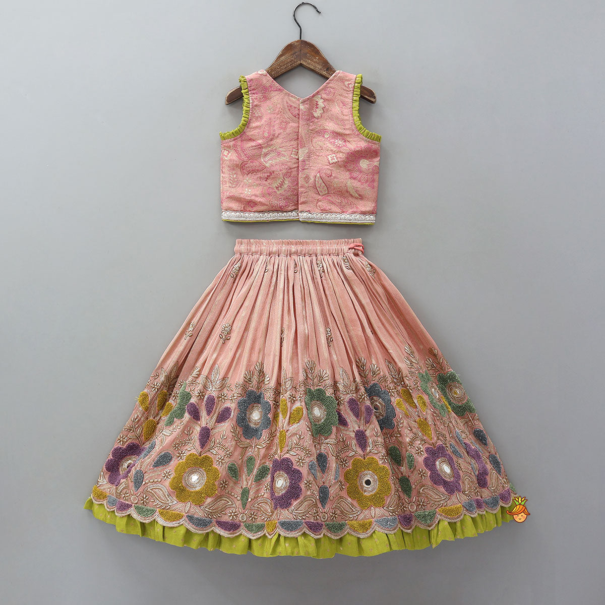 Pleated Armhole Elegant Top And Shimmery Lehenga With Matching Net Dupatta