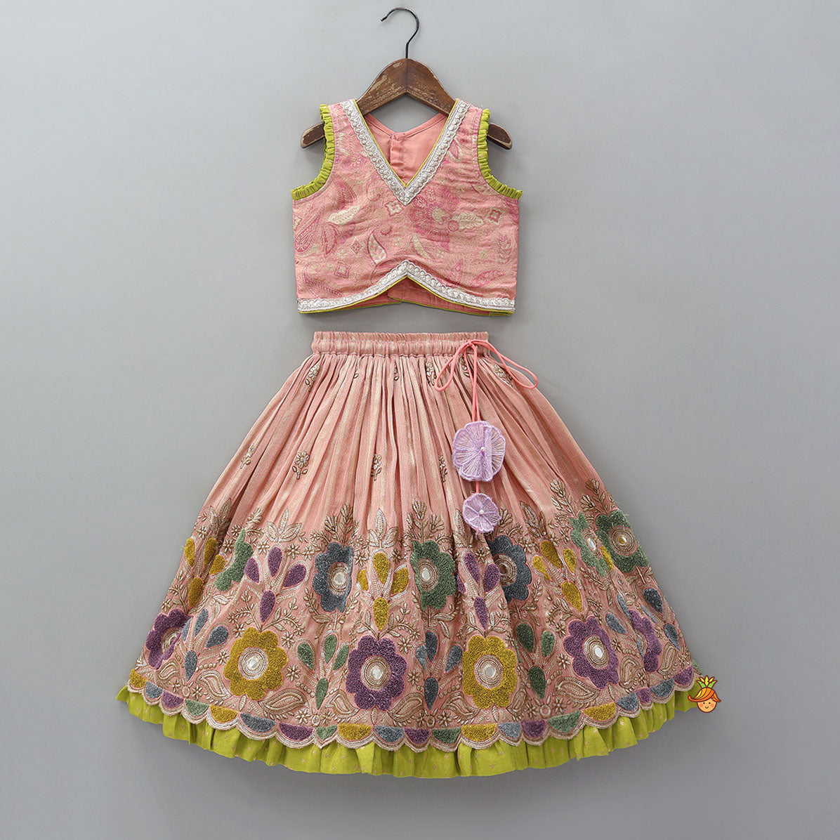 Pleated Armhole Elegant Top And Shimmery Lehenga With Matching Net Dupatta