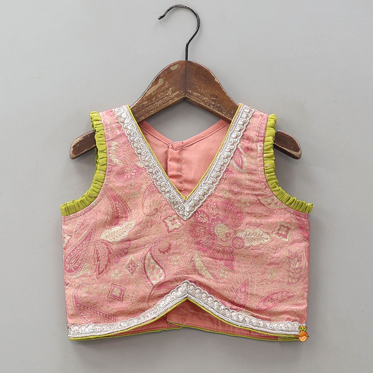 Pleated Armhole Elegant Top And Shimmery Lehenga With Matching Net Dupatta