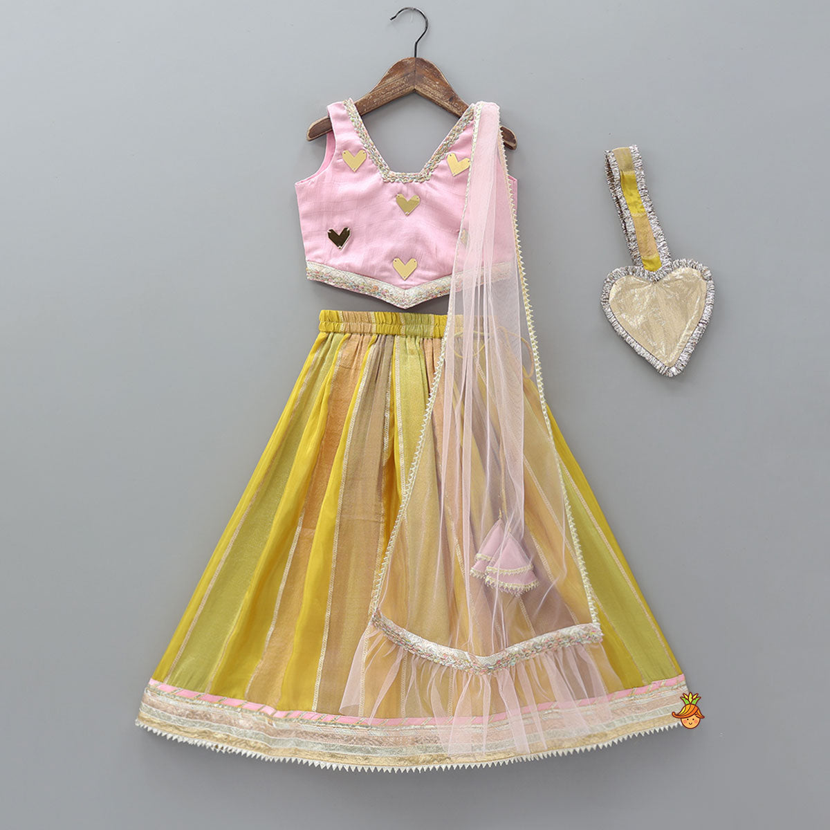 Mirror Embellished Lace Detailed Top And Lehenga With Heart Shaped Bag