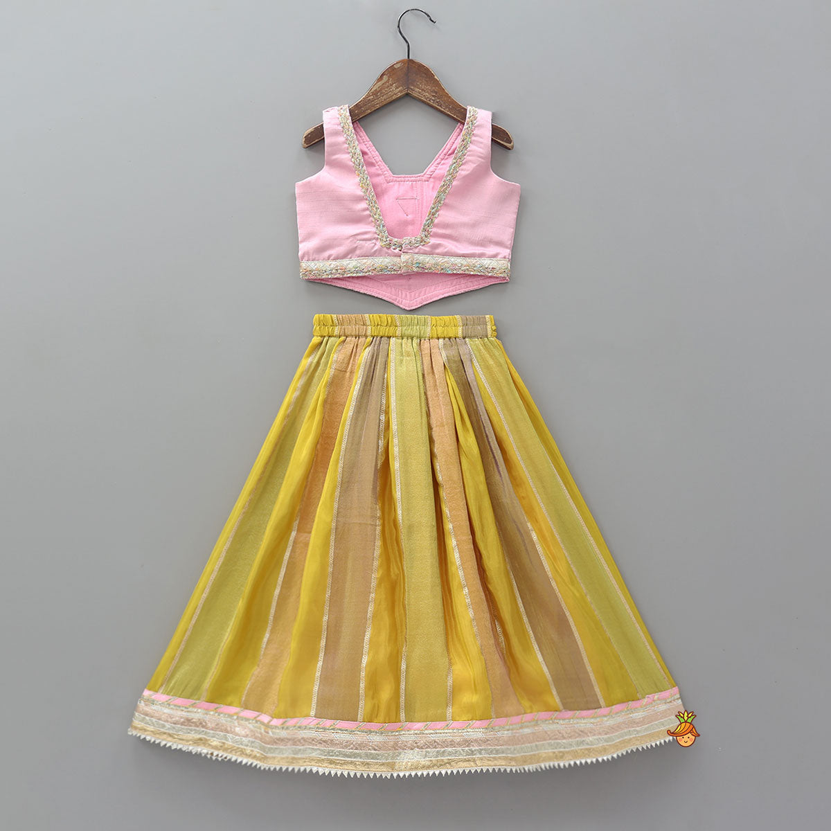 Mirror Embellished Lace Detailed Top And Lehenga With Heart Shaped Bag