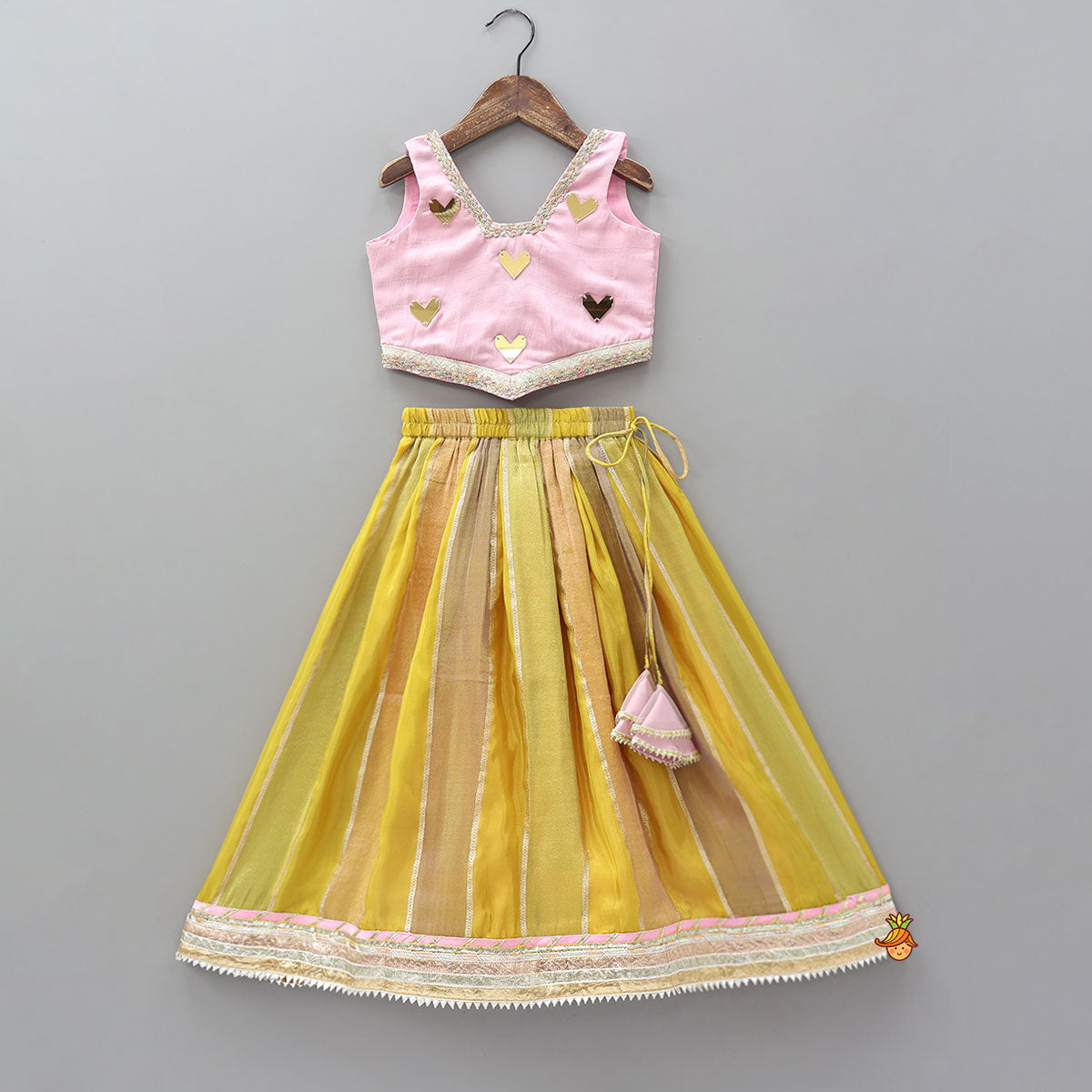 Mirror Embellished Lace Detailed Top And Lehenga With Heart Shaped Bag