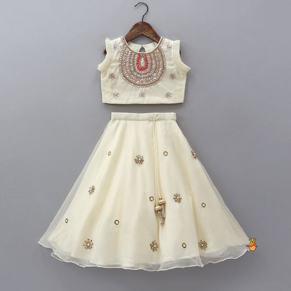 Pleated Armhole Crop Top And Lehenga With Net Dupatta