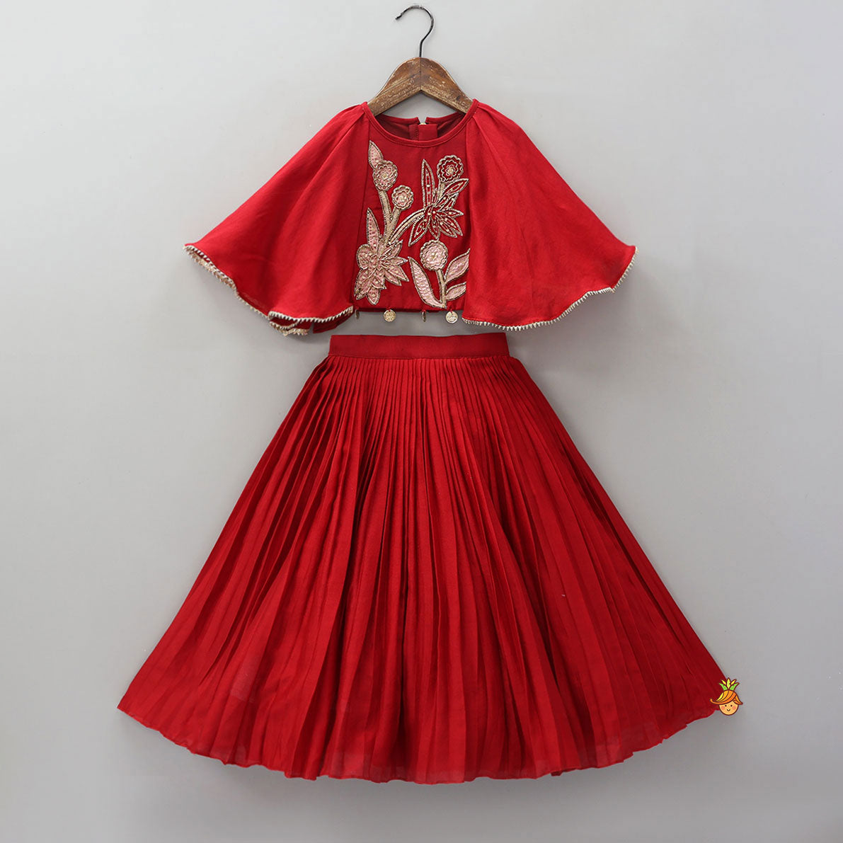 Cape Style Hand Embroidered Top And Pleated Lehenga