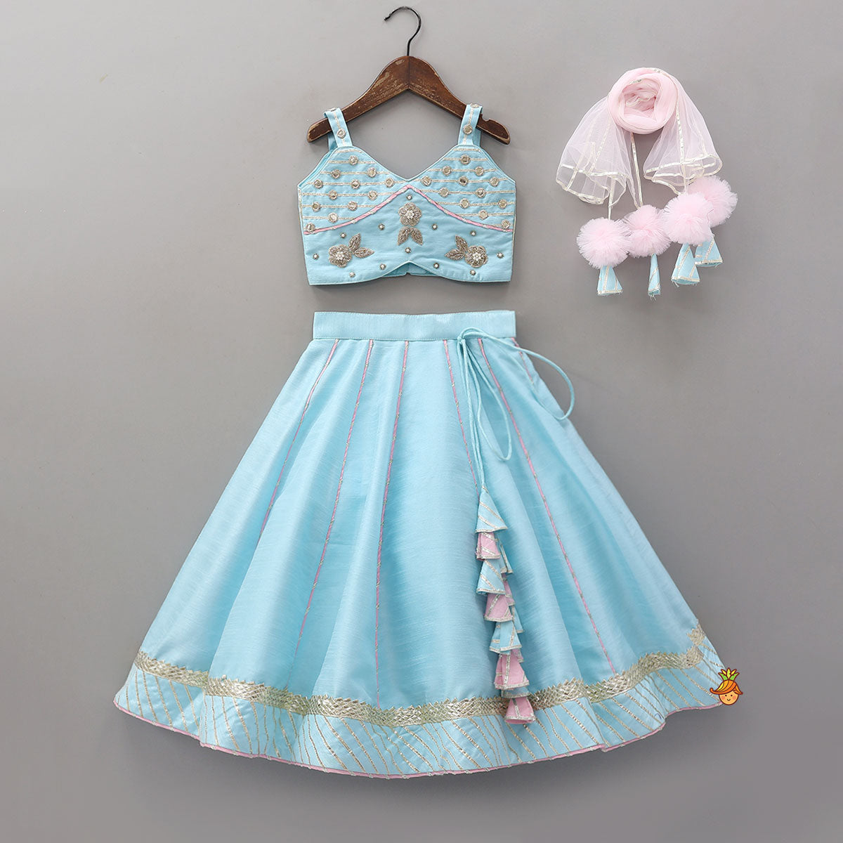 Embroidered Strappy Crop Top And Lehenga With Net Dupatta