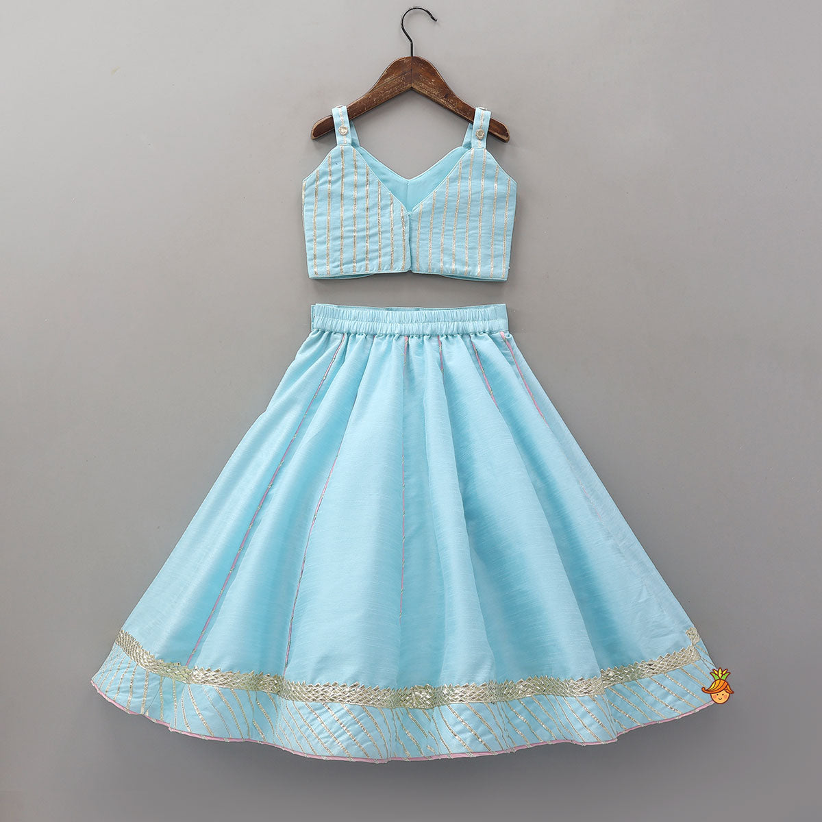 Embroidered Strappy Crop Top And Lehenga With Net Dupatta