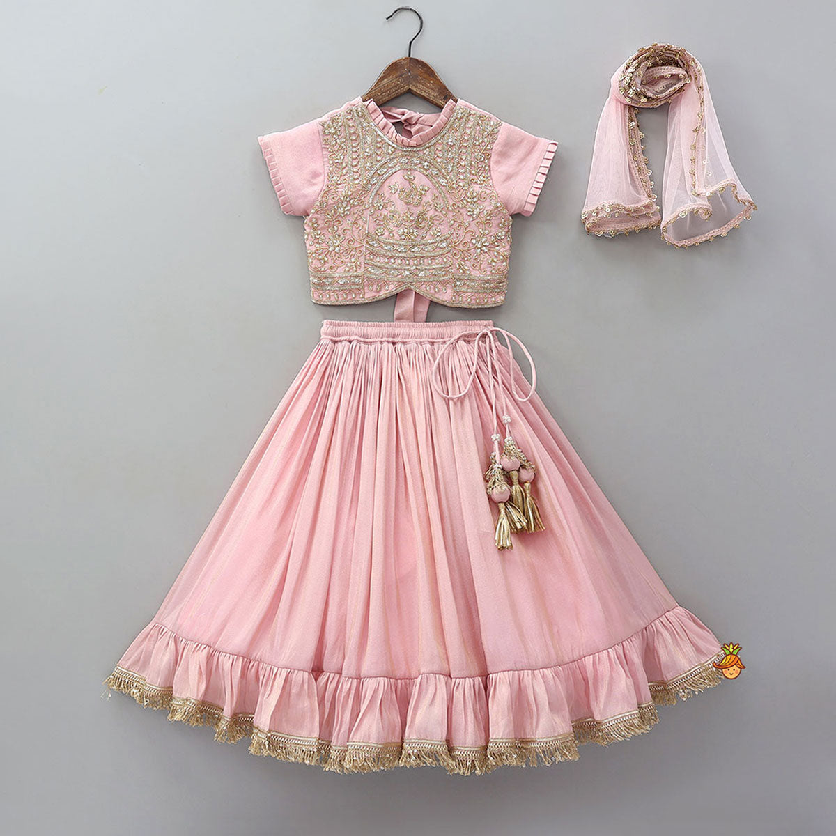 Triple Knot Detail Shimmery Top And Lehenga With Net Dupatta