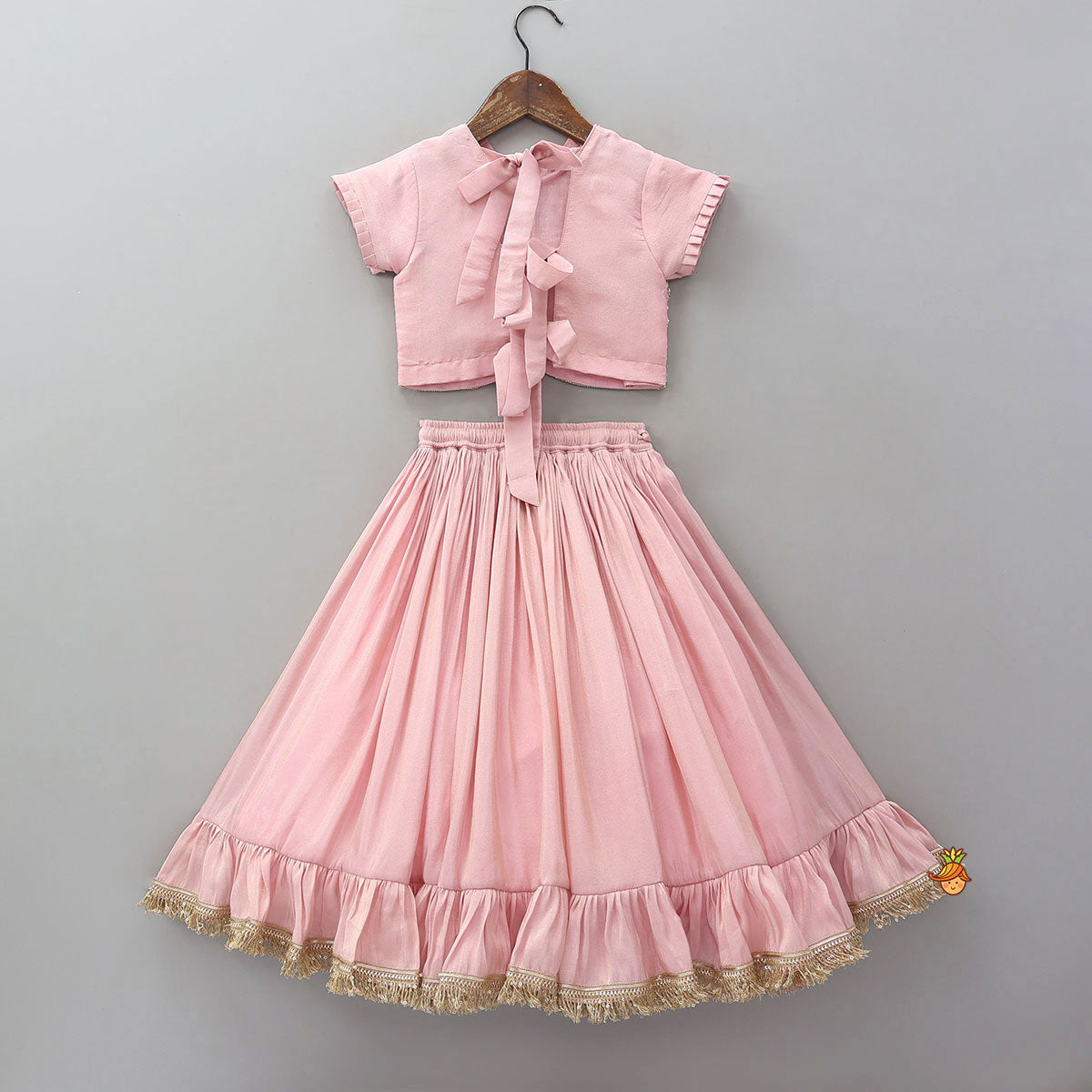 Triple Knot Detail Shimmery Top And Lehenga With Net Dupatta