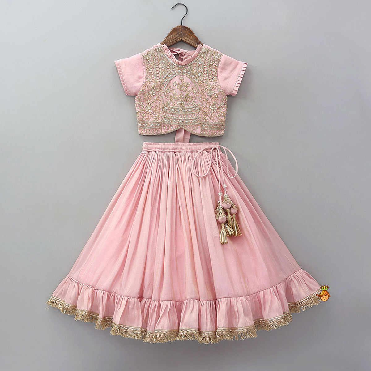 Triple Knot Detail Shimmery Top And Lehenga With Net Dupatta