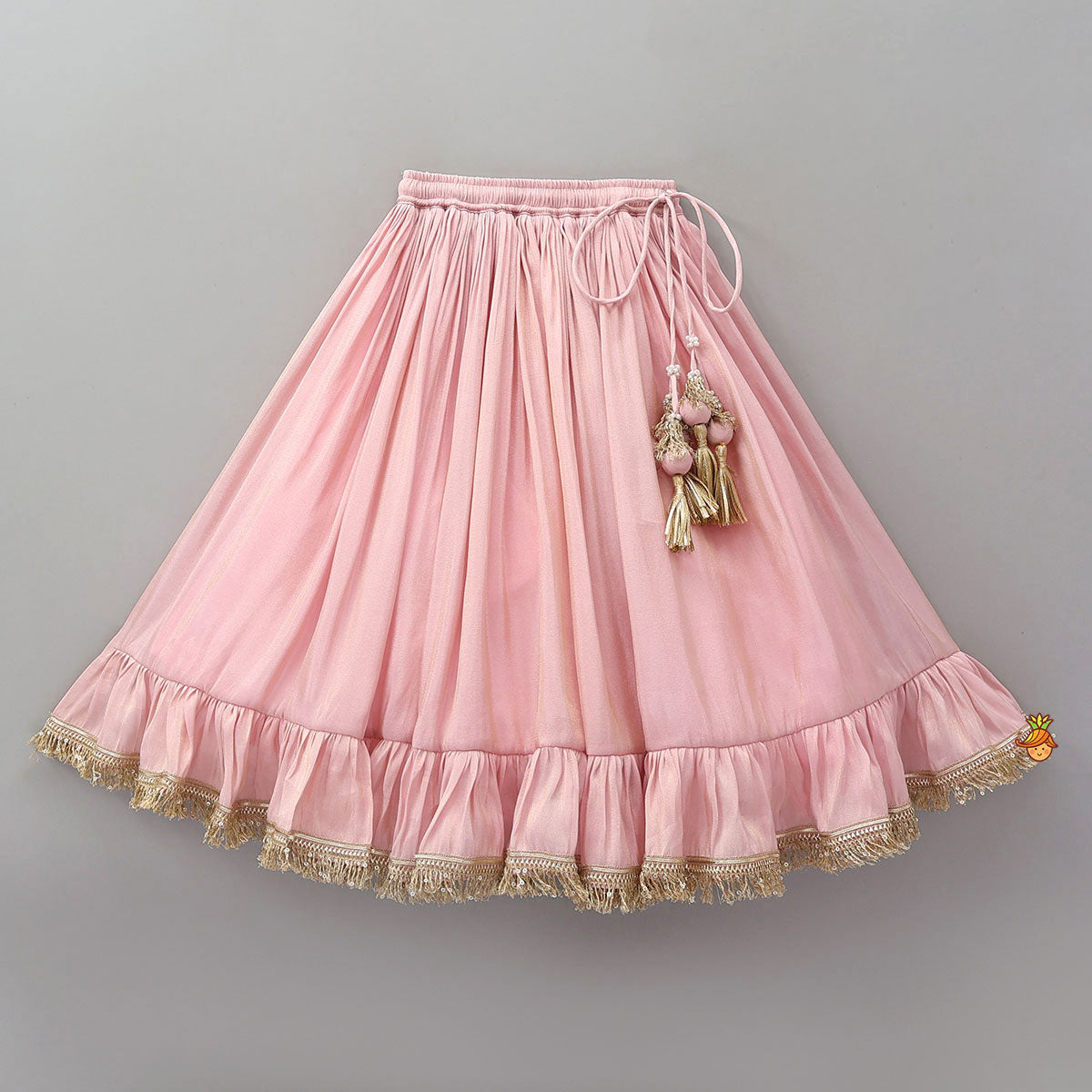 Triple Knot Detail Shimmery Top And Lehenga With Net Dupatta