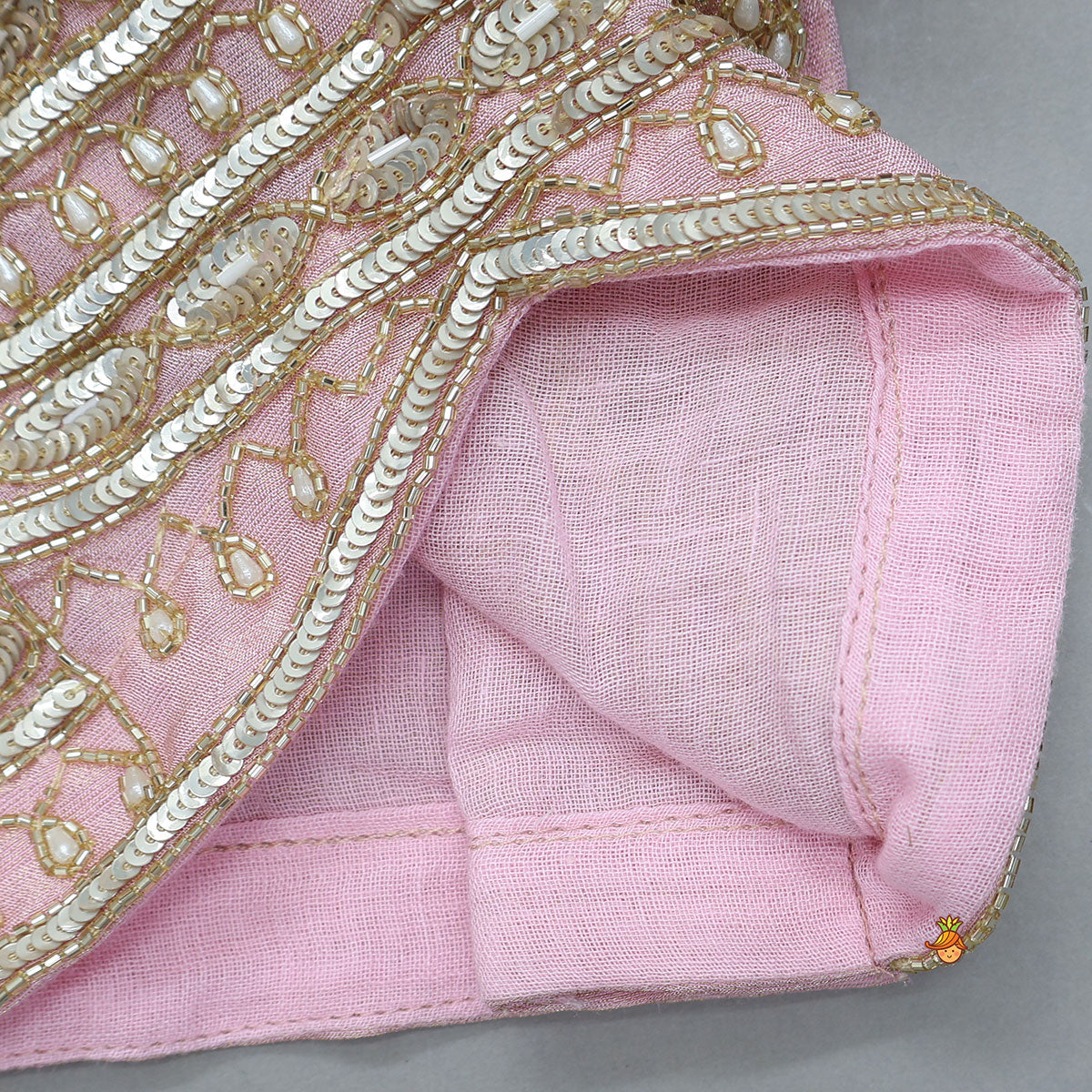 Triple Knot Detail Shimmery Top And Lehenga With Net Dupatta