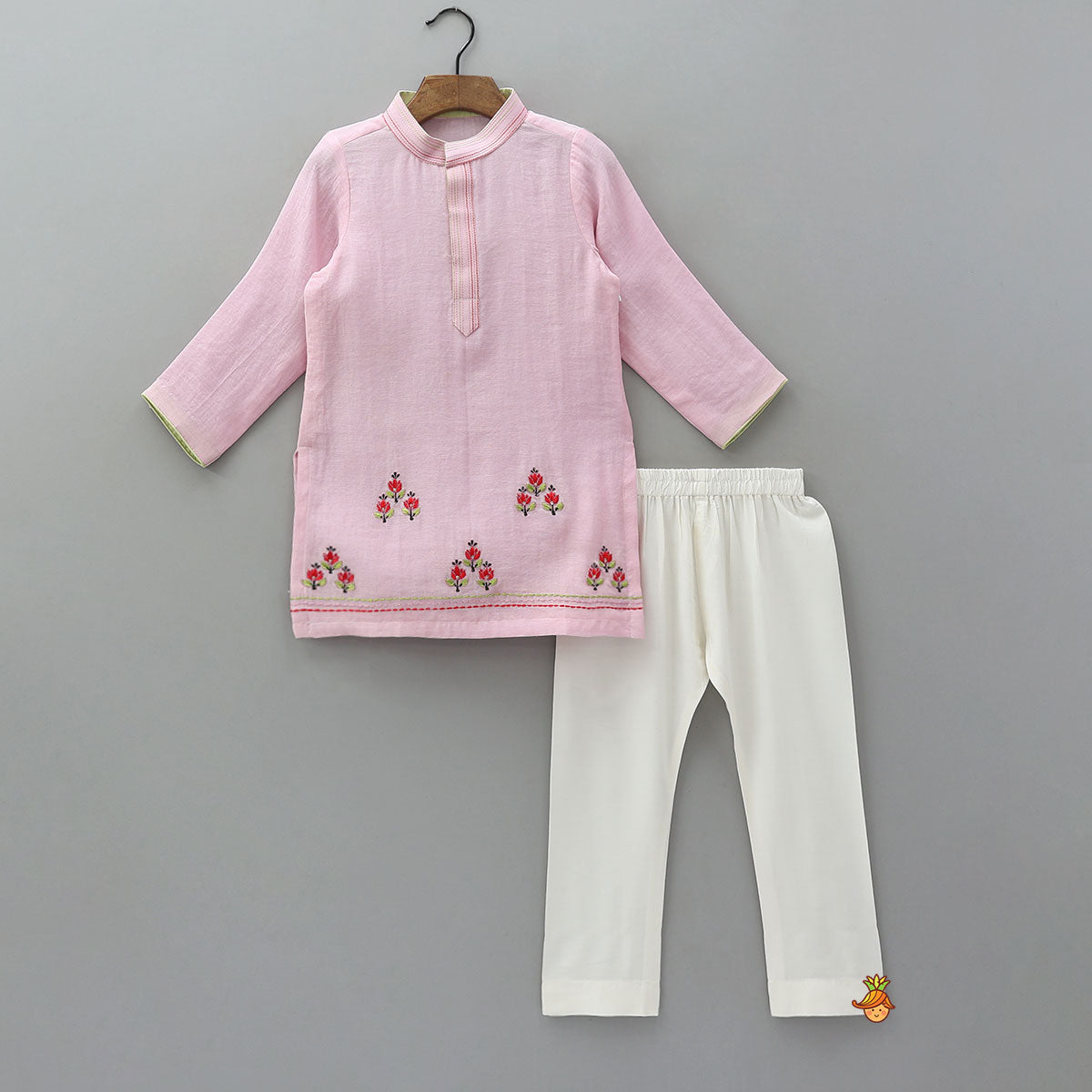 Embroidered Ethnic Kurta With Floral Printed Jacket And Pyjama