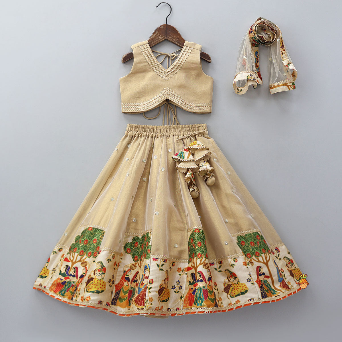 Shimmery V-Neck Crop Top With Printed Lehenga And Matching Dupatta