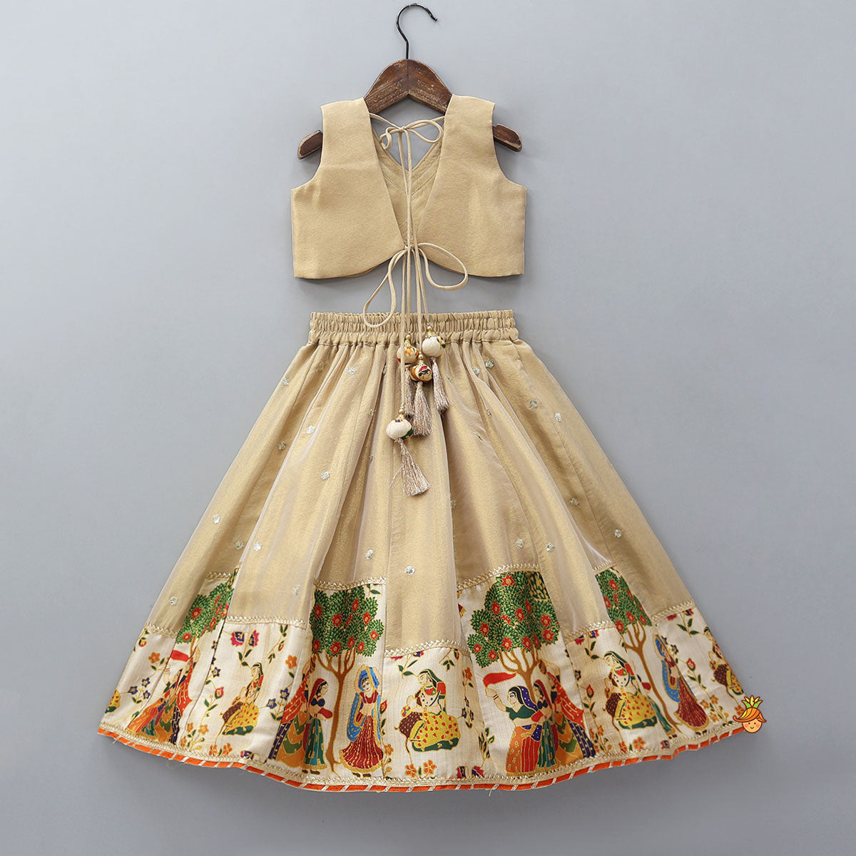 Shimmery V-Neck Crop Top With Printed Lehenga And Matching Dupatta