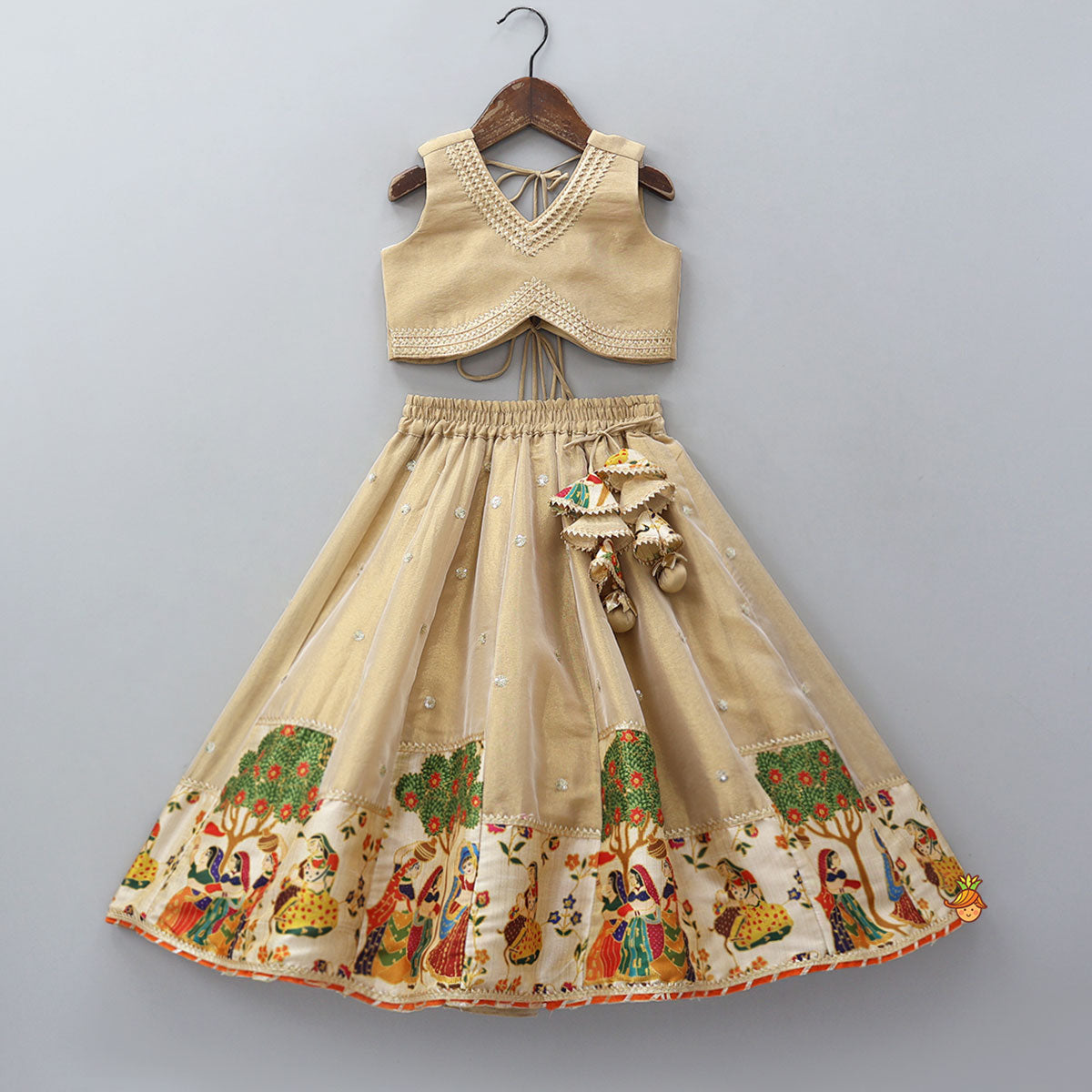 Shimmery V-Neck Crop Top With Printed Lehenga And Matching Dupatta