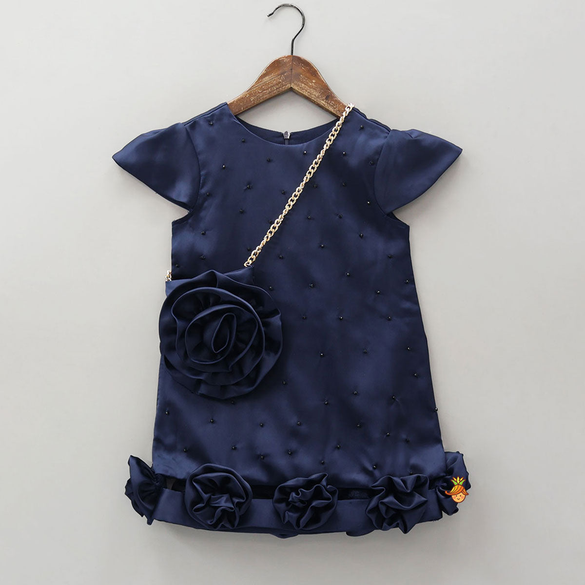 Fabric Roses Adorned Dress With Chain Sling Bag