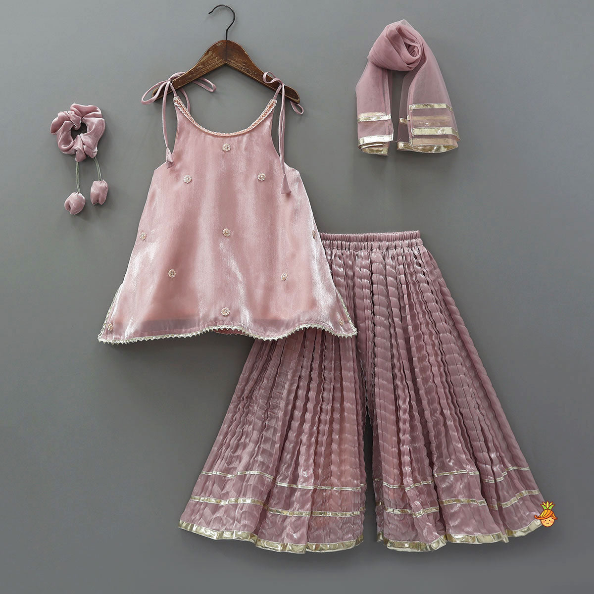 Sleeveless Sheen Kurti And Crushed Fabric Palazzo With Dupatta And Hair Tie