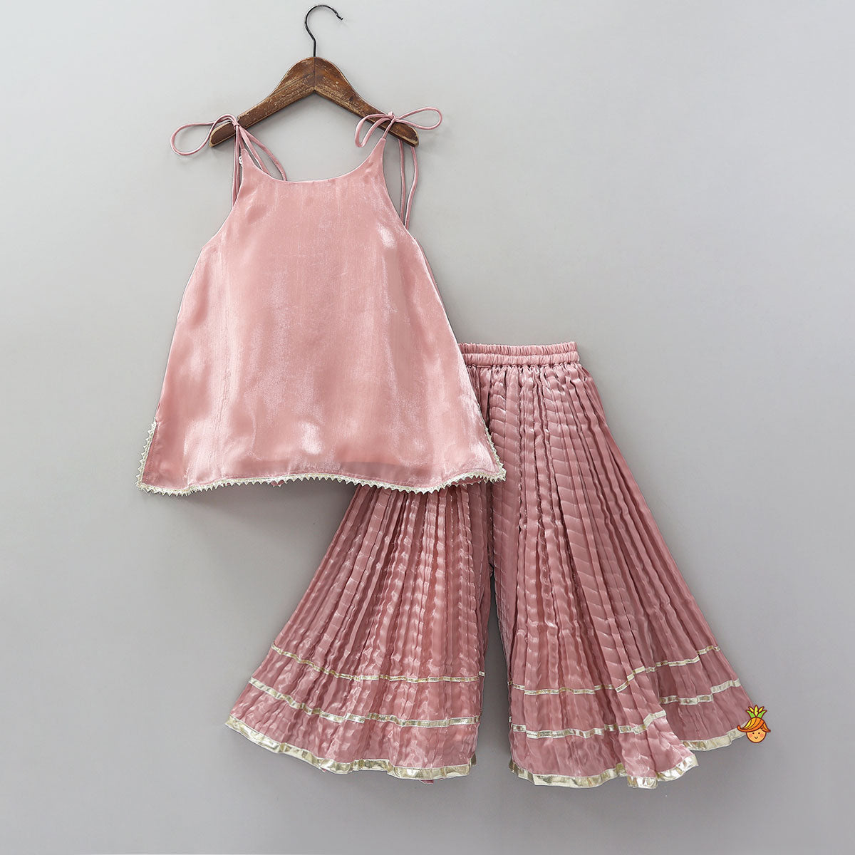 Sleeveless Sheen Kurti And Crushed Fabric Palazzo With Dupatta And Hair Tie