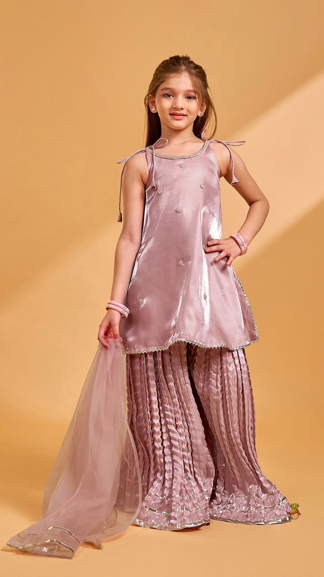 Sleeveless Sheen Kurti And Crushed Fabric Palazzo With Dupatta And Hair Tie