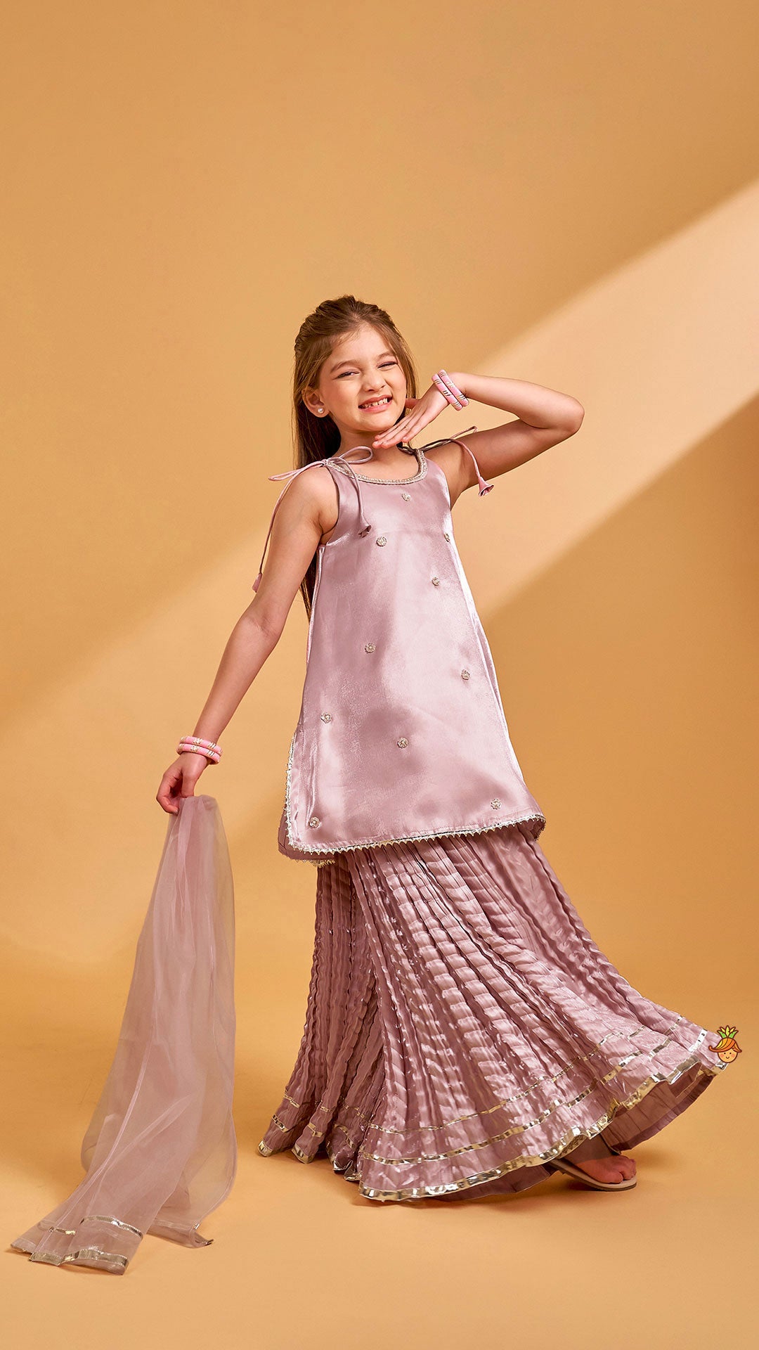 Sleeveless Sheen Kurti And Crushed Fabric Palazzo With Dupatta And Hair Tie