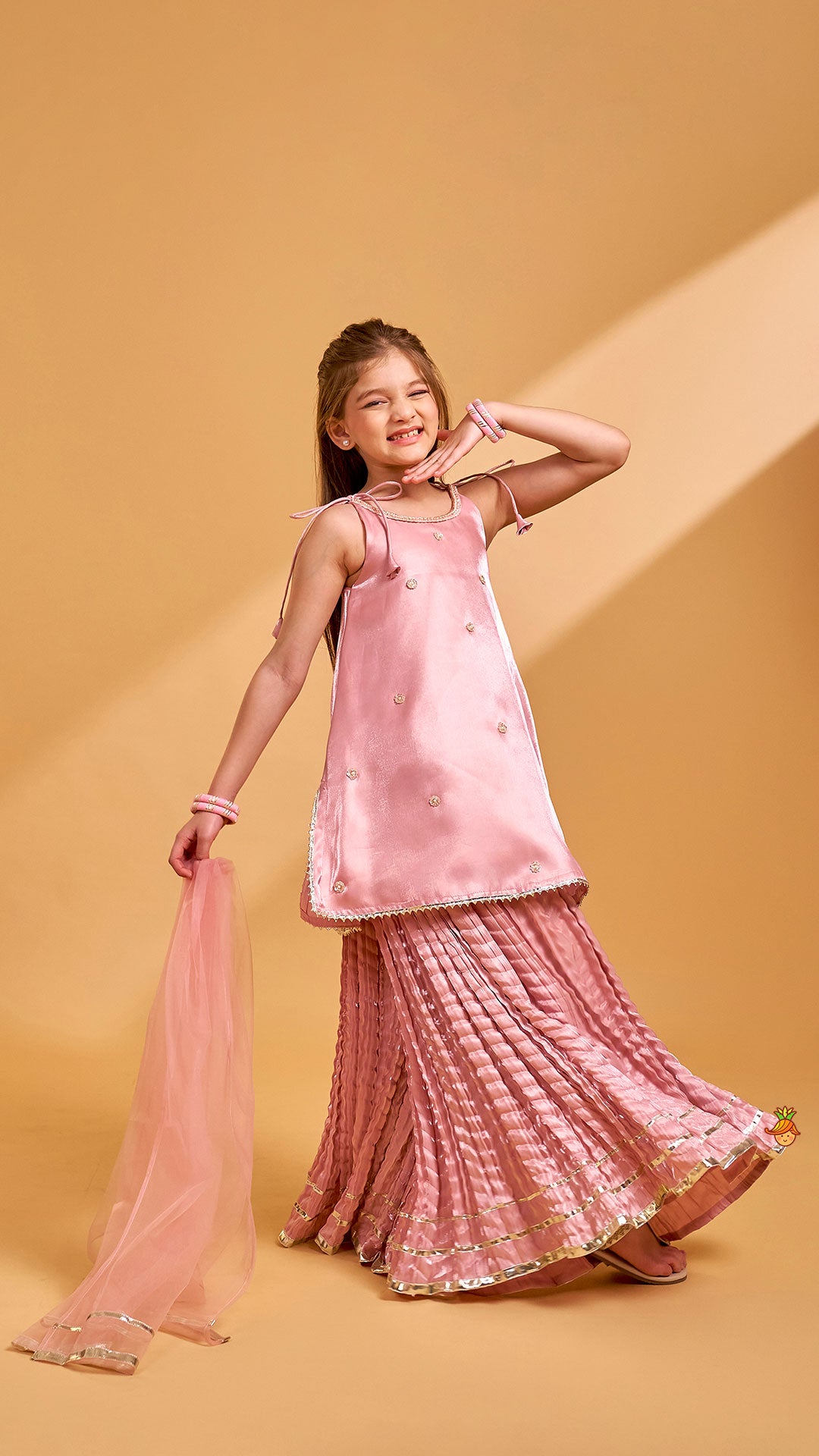 Sleeveless Kurti And Crushed Palazzo With Dupatta And Hair Tie