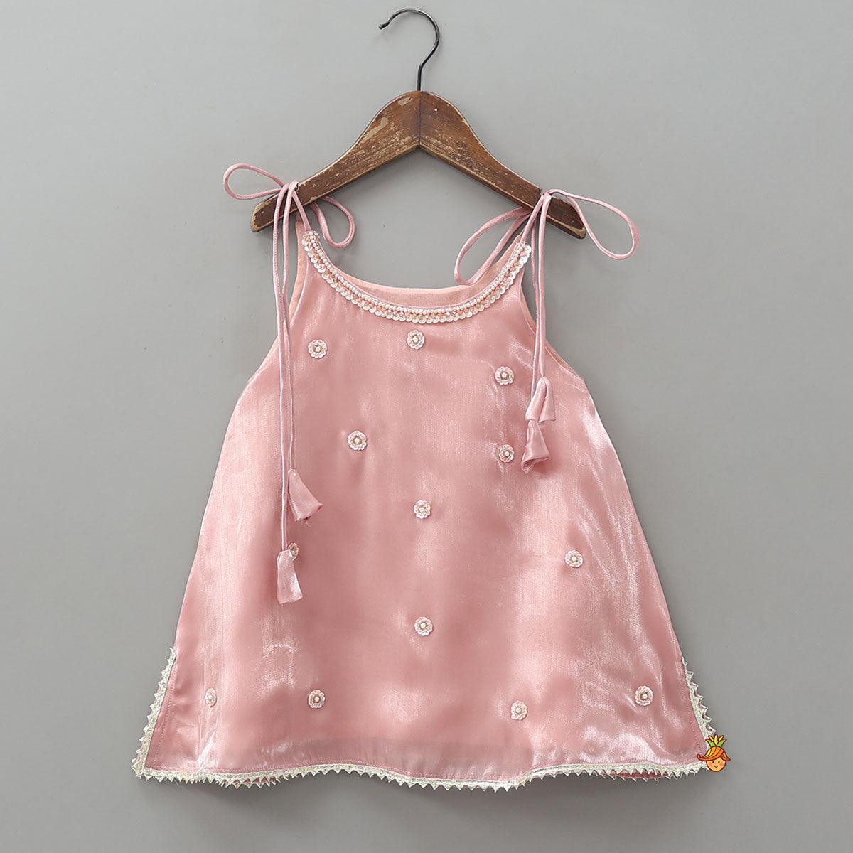 Sleeveless Sheen Kurti And Crushed Fabric Palazzo With Dupatta And Hair Tie