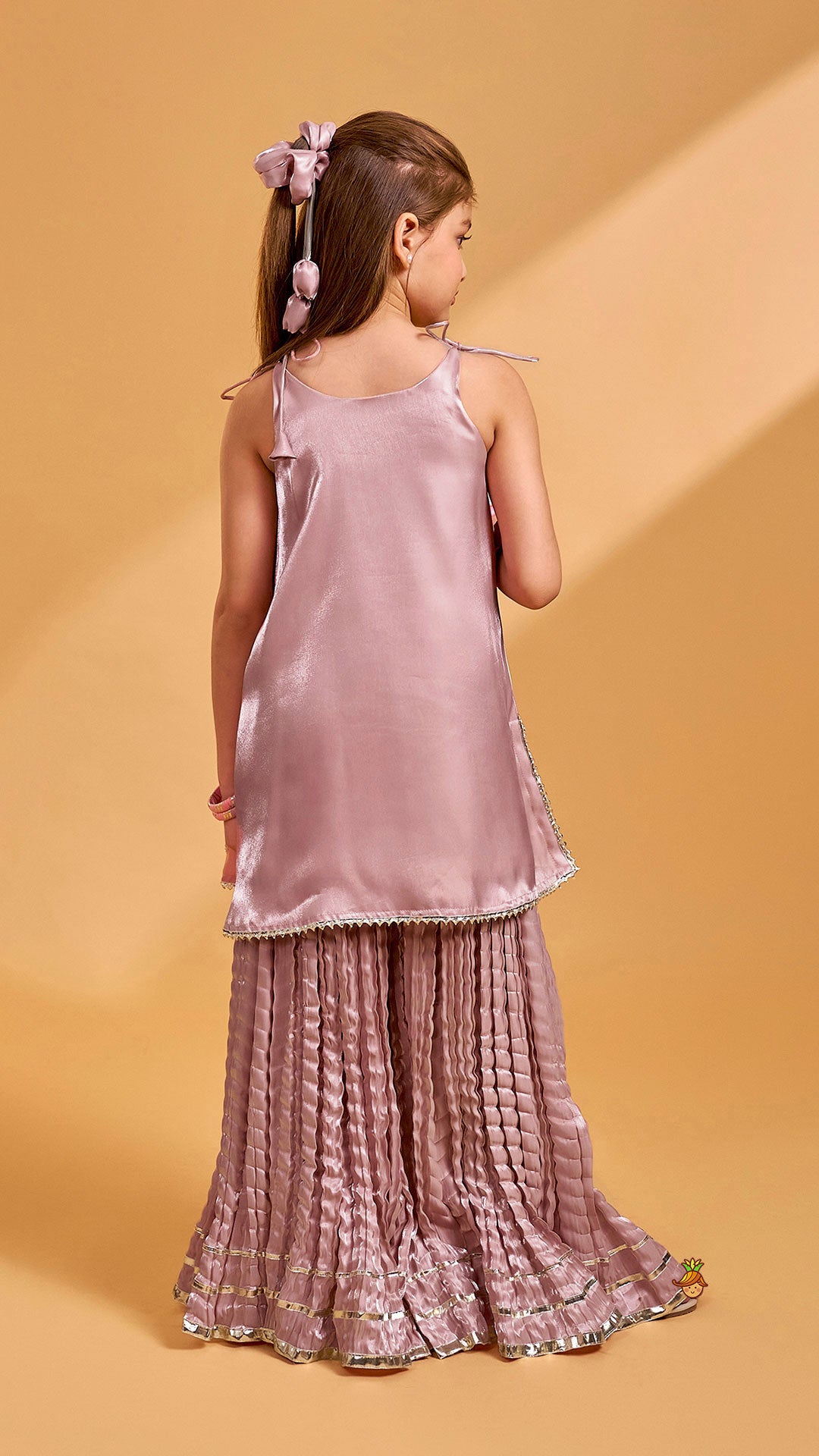 Sleeveless Sheen Kurti And Crushed Fabric Palazzo With Dupatta And Hair Tie