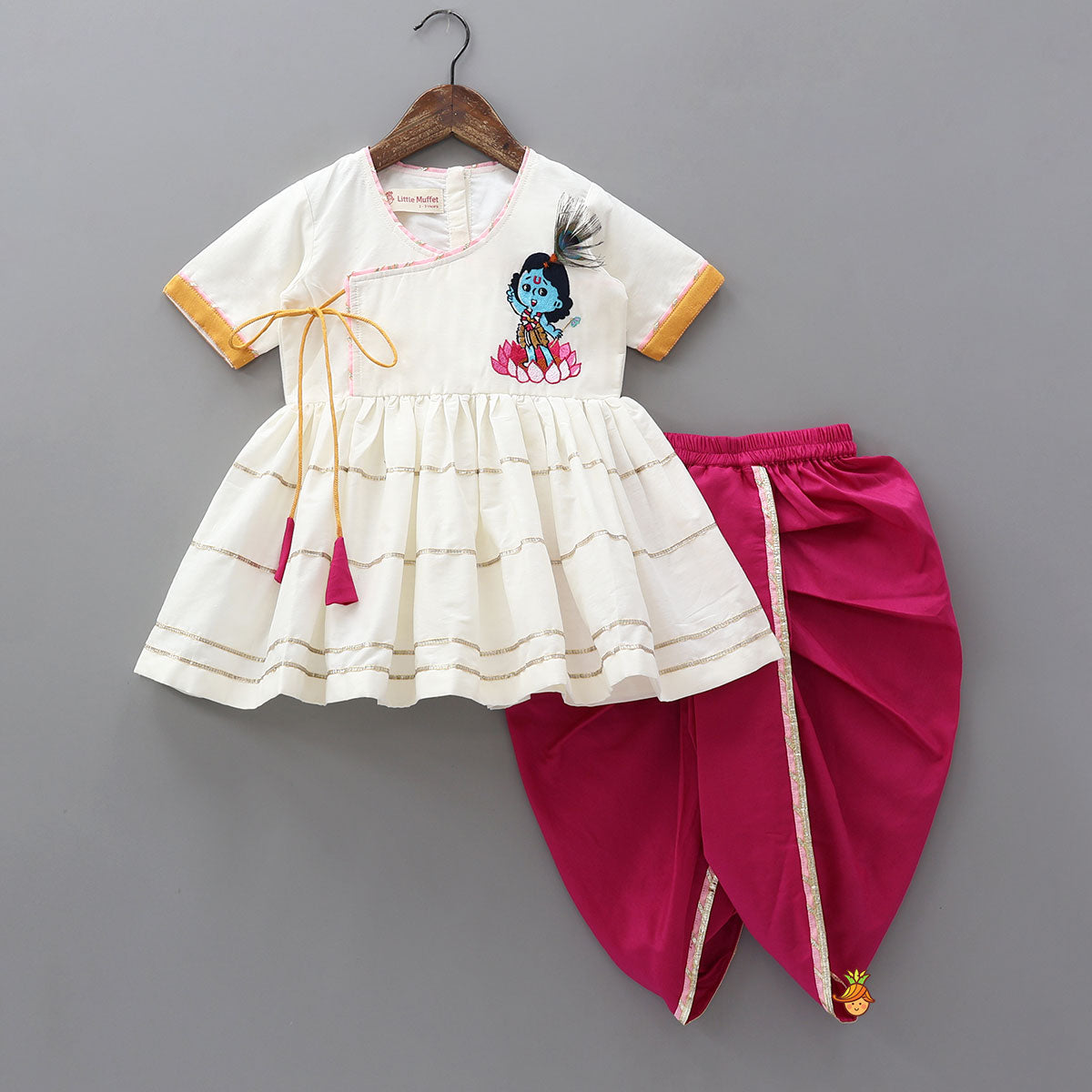 Krishna Embroidered Angarkha Top With Lace Work Dhoti And Mukut