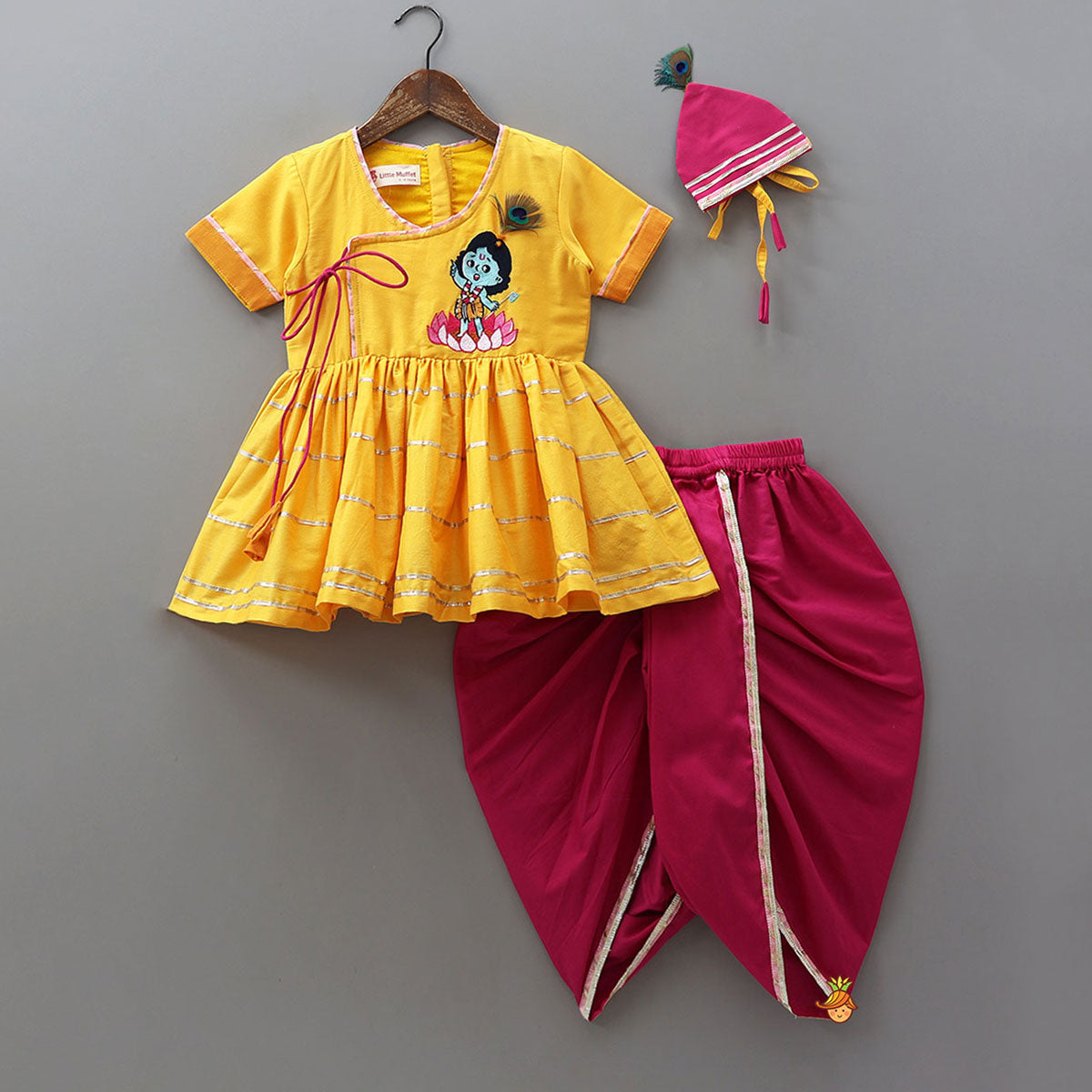 Krishna Embroidered Angarkha Style Top With Lace Work Dhoti And Mukut