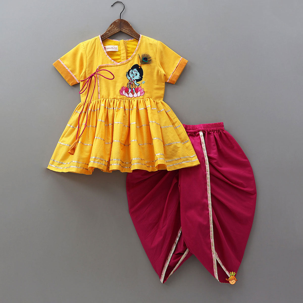 Krishna Embroidered Angarkha Style Top With Lace Work Dhoti And Mukut