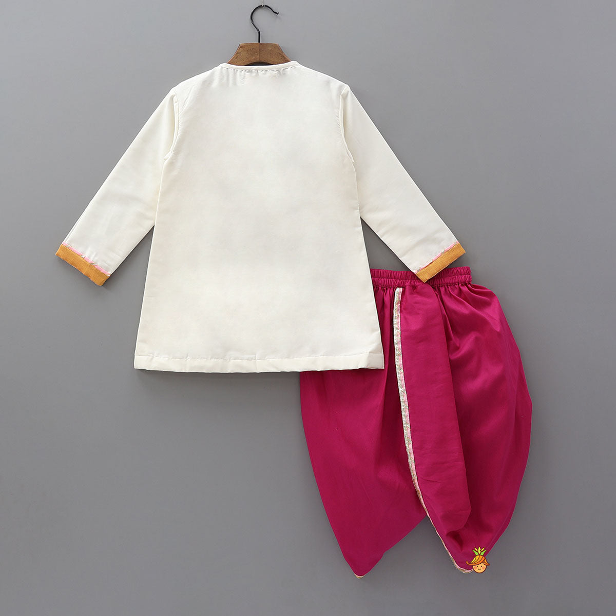 Krishna Motif Embroidered Angarkha Style Kurta With Lace Work Dhoti And Mukut