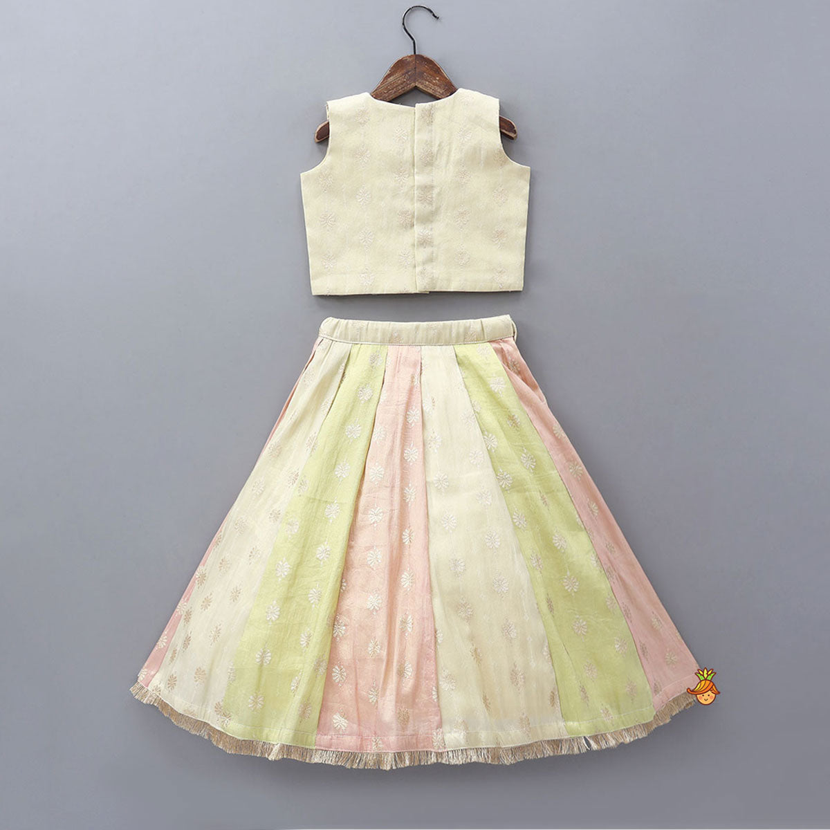 Potli Buttons Detail Shimmery Crop Top And Lehenga With Dupatta