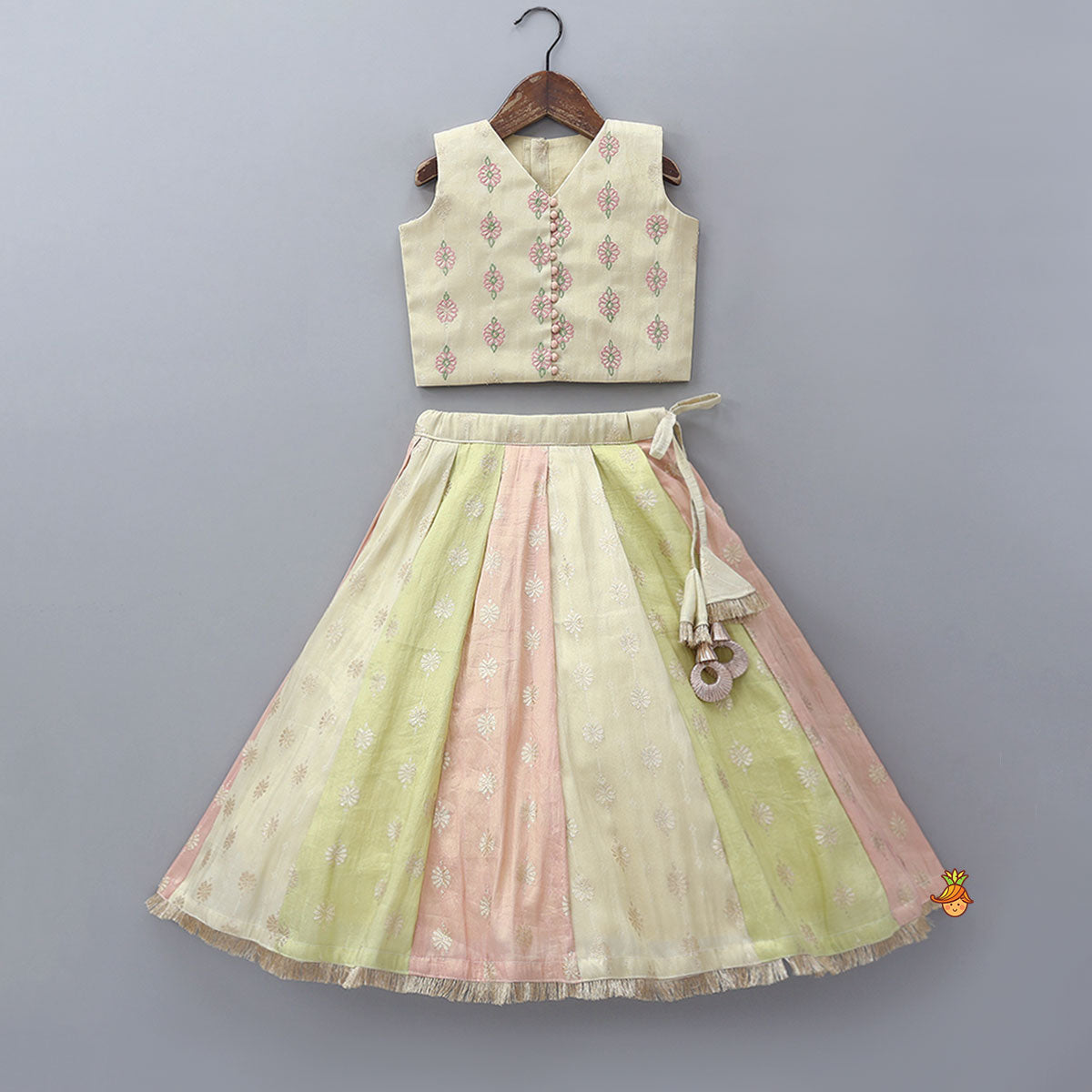 Potli Buttons Detail Shimmery Crop Top And Lehenga With Dupatta