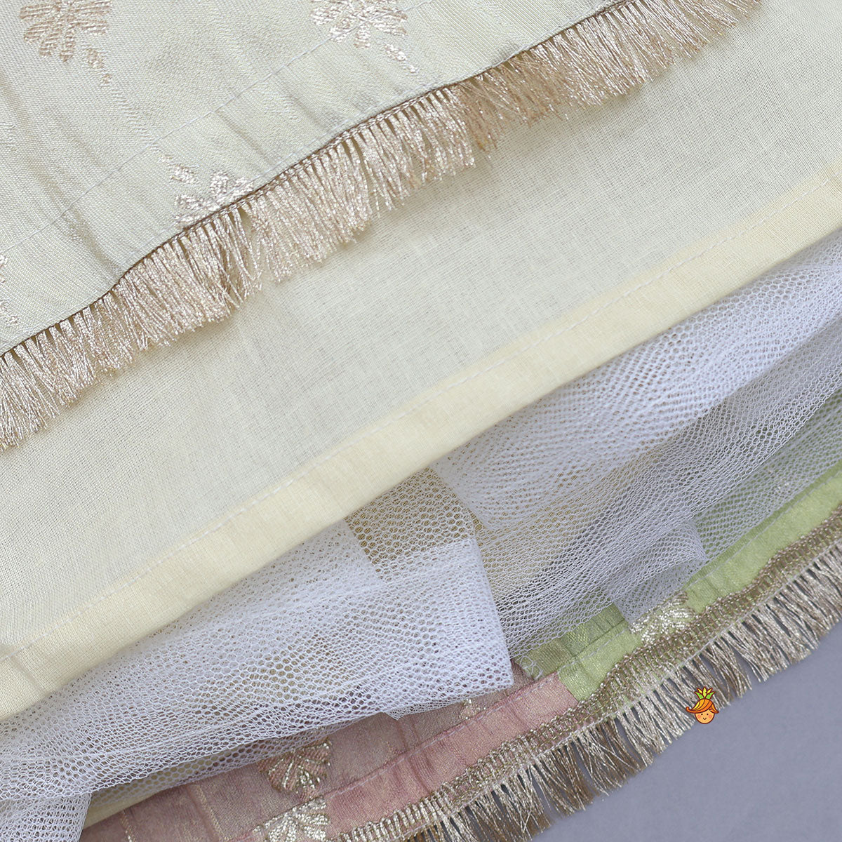 Potli Buttons Detail Shimmery Crop Top And Lehenga With Dupatta