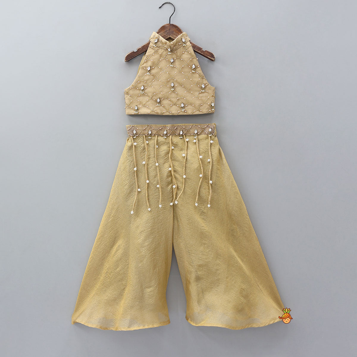 Hand Embroidered Halter Neck Crop Top And Shimmery Palazzo