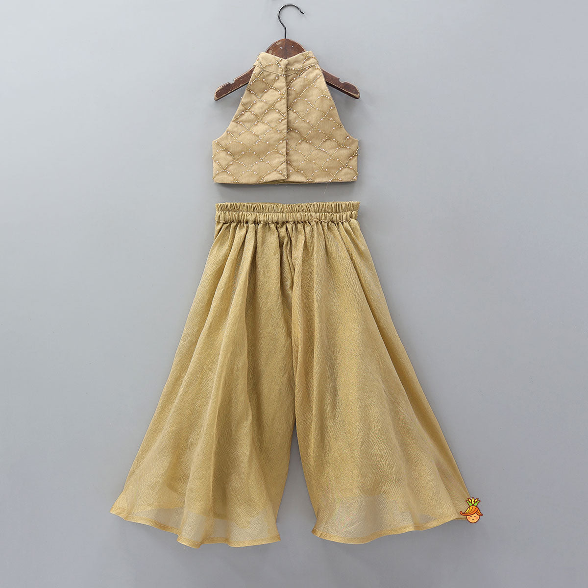 Hand Embroidered Halter Neck Crop Top And Shimmery Palazzo