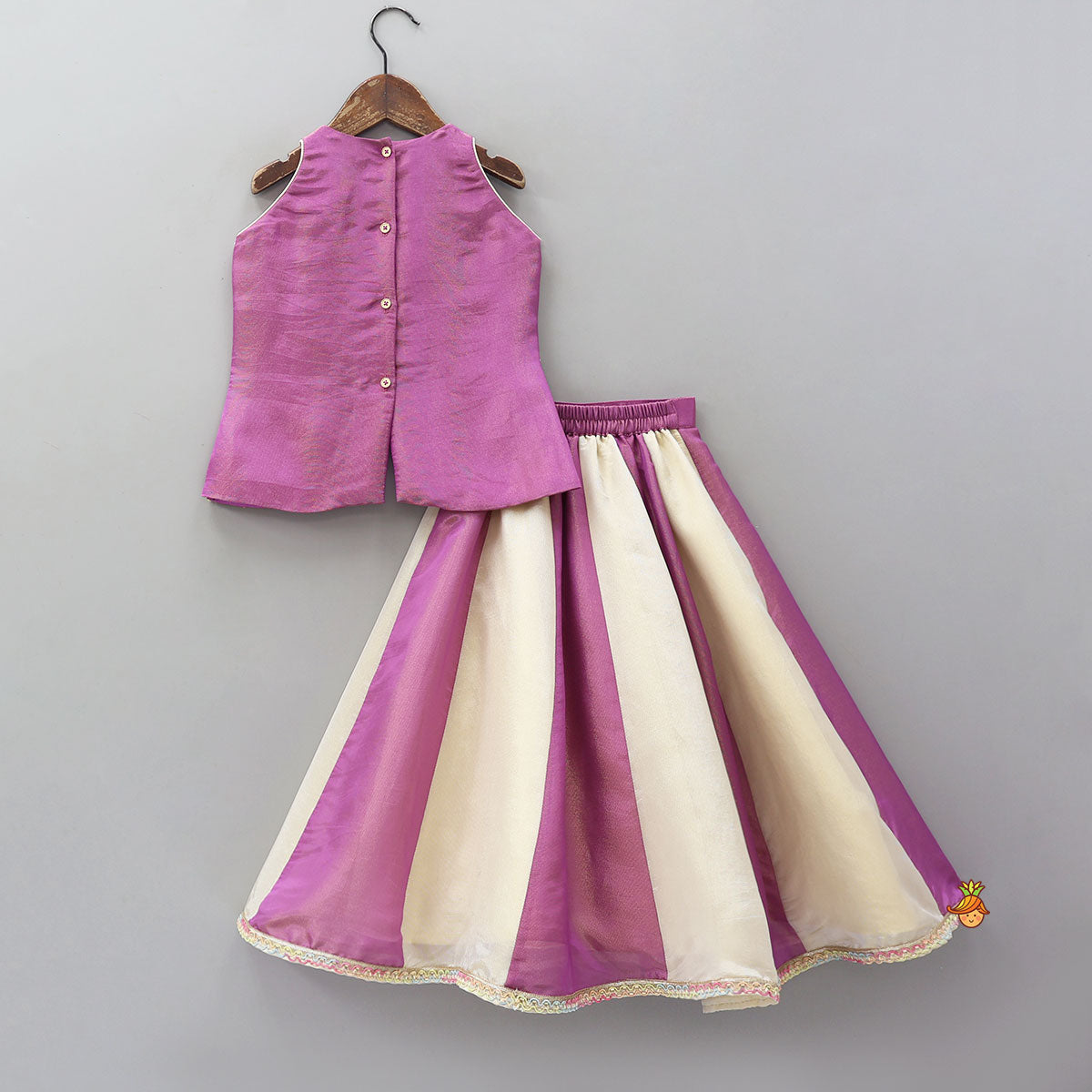 Stylish Front Cut Shimmery Top And Dual Tone Panel Lehenga