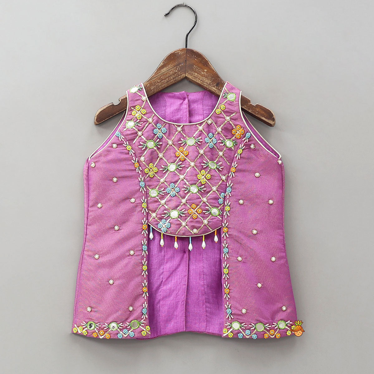 Stylish Front Cut Shimmery Top And Dual Tone Panel Lehenga