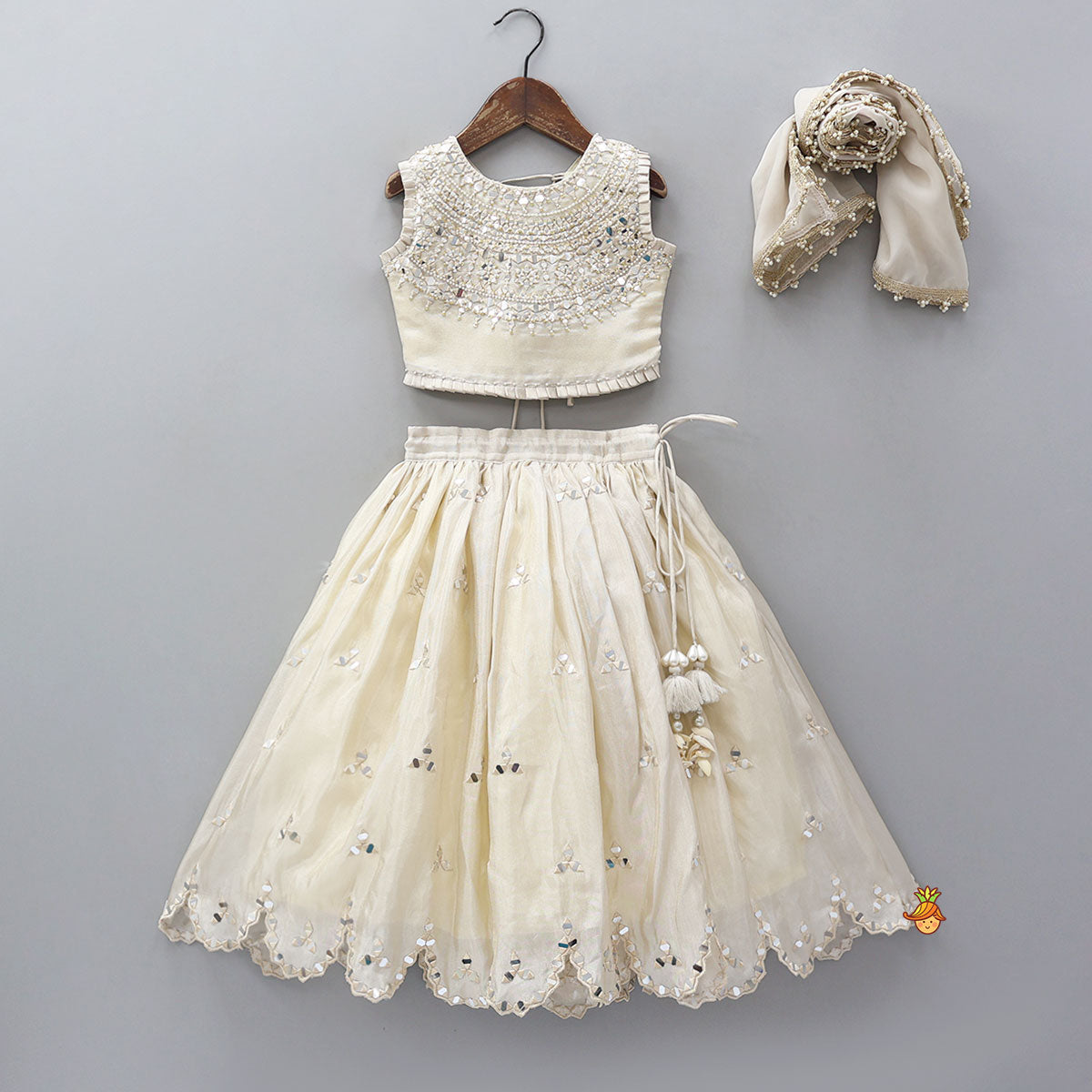 Faux Mirror Hand Work Shimmery Crop Top And Scalloped Lehenga With Matching Dupatta