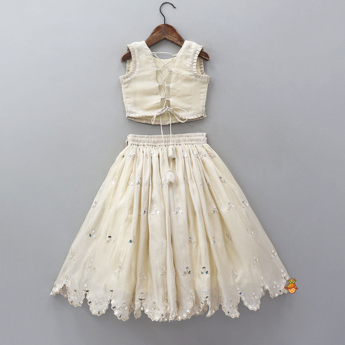 Faux Mirror Hand Work Shimmery Crop Top And Scalloped Lehenga With Matching Dupatta