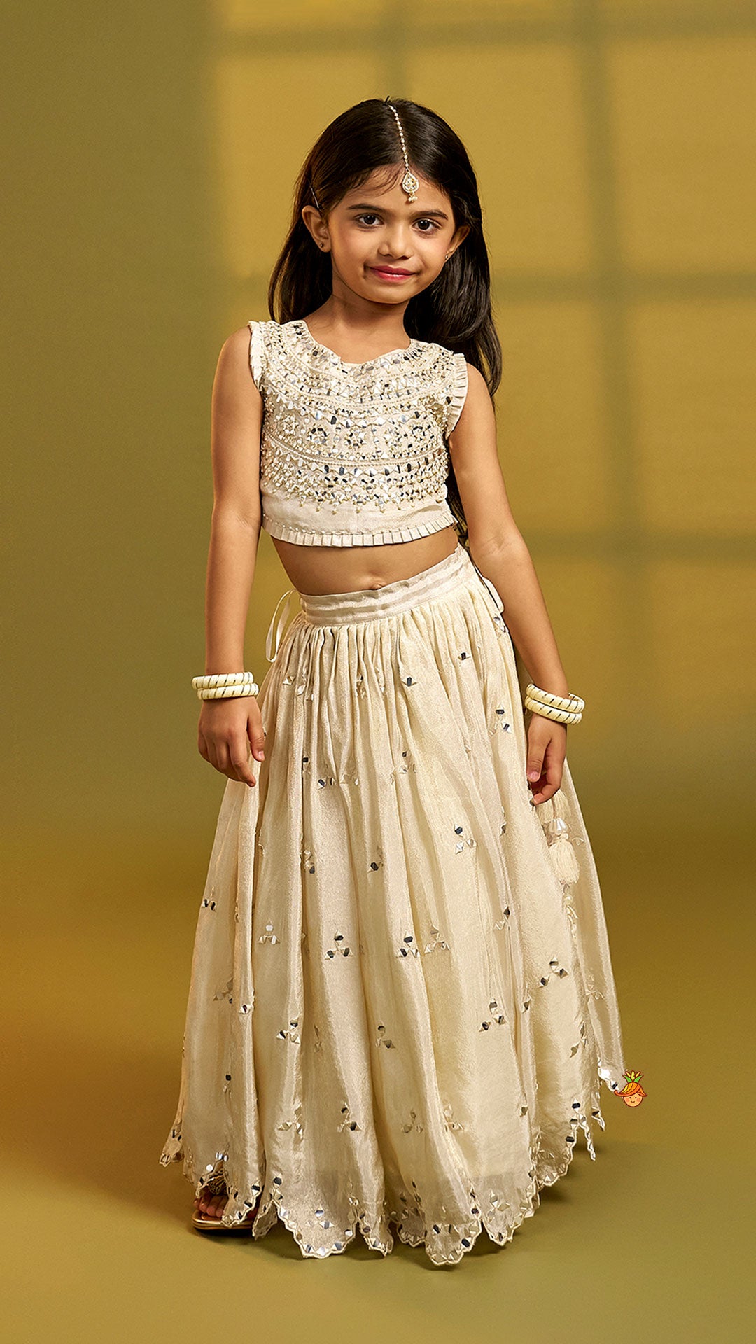 Faux Mirror Hand Work Shimmery Crop Top And Scalloped Lehenga With Matching Dupatta