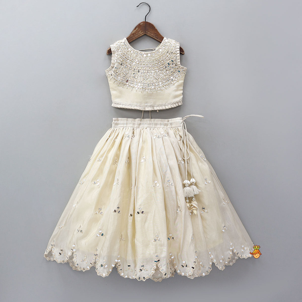 Faux Mirror Hand Work Shimmery Crop Top And Scalloped Lehenga With Matching Dupatta